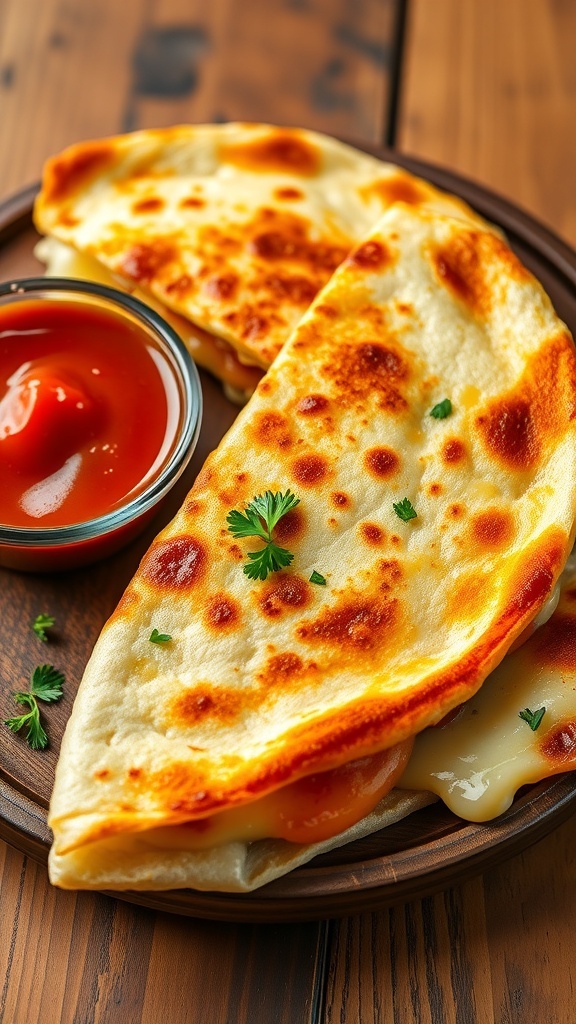 Crispy garlic bread quesadilla filled with melted cheese, garnished with parsley, served with marinara sauce.